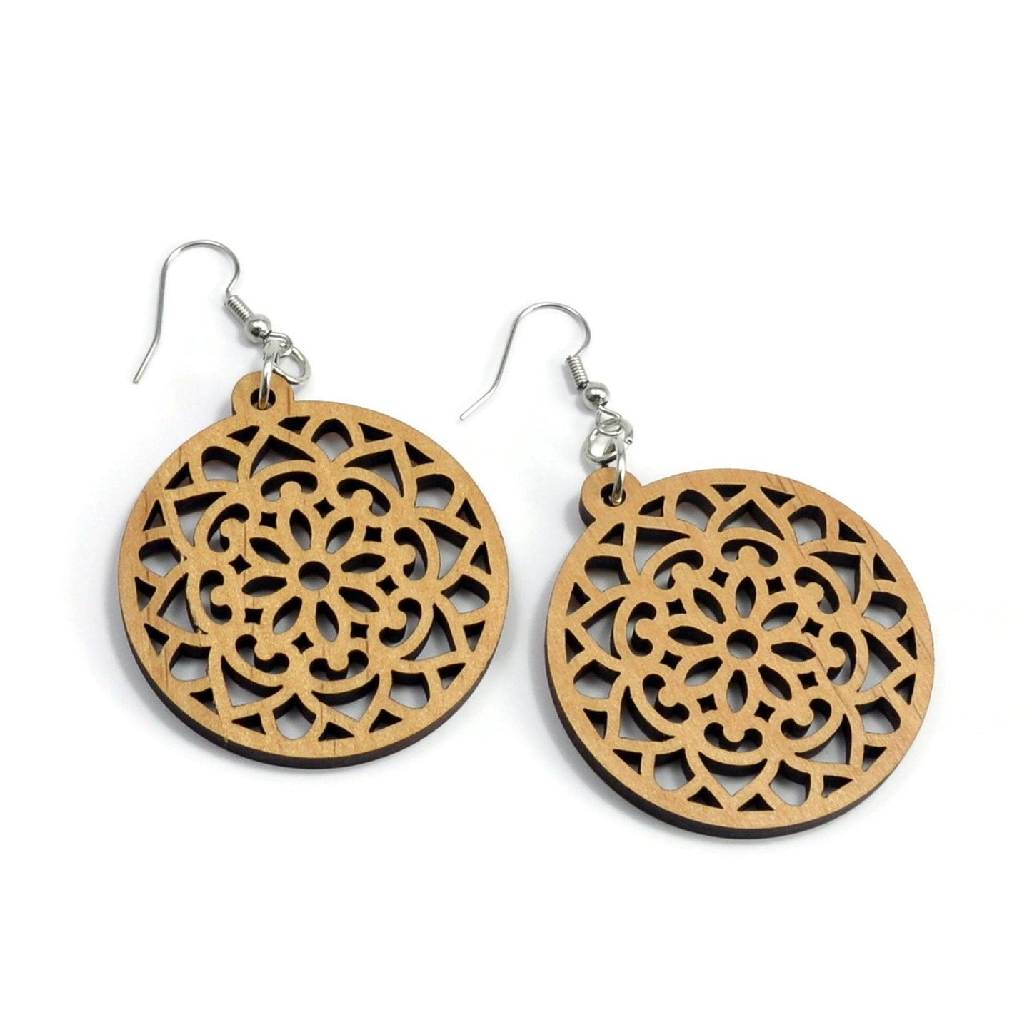 Mandala Wood Earrings, Wooden Earrings, Wood Jewelry, Handmade Wood Jewelry, Dangle Earrings - Whidden's Woodshop