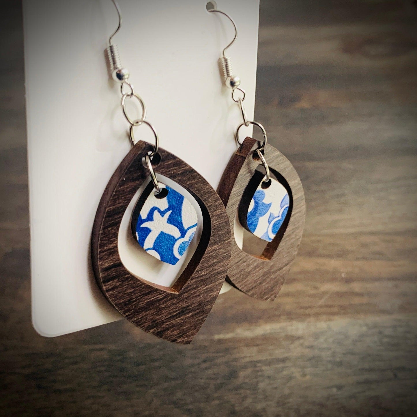 Wood & Blue China Dangle Earrings