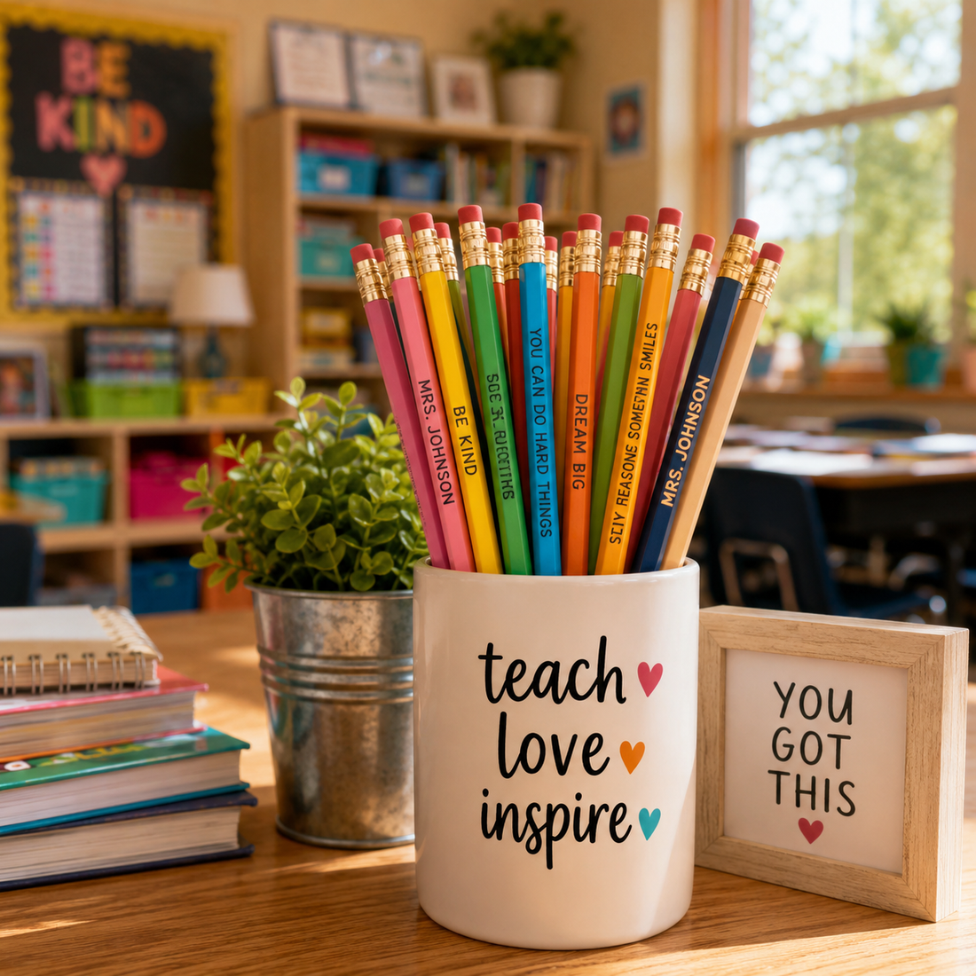 Personalized pencils arranged on a teacher's desk in an elementary classroom