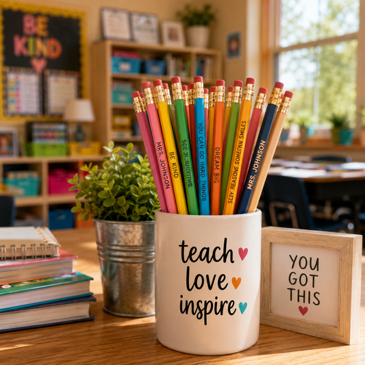 Personalized pencils arranged on a teacher's desk in an elementary classroom