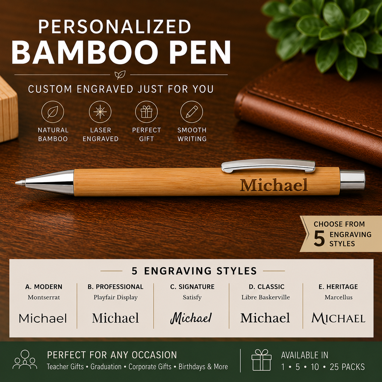 Personalized Bamboo Pen – Custom Engraved Gift for Teachers, Graduates & Professionals