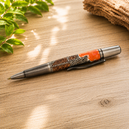 Handcrafted Steampunk Ballpoint Pen – Orange Resin & Antiqued Metal | Unique Executive Gift for Men, Writers & Collectors