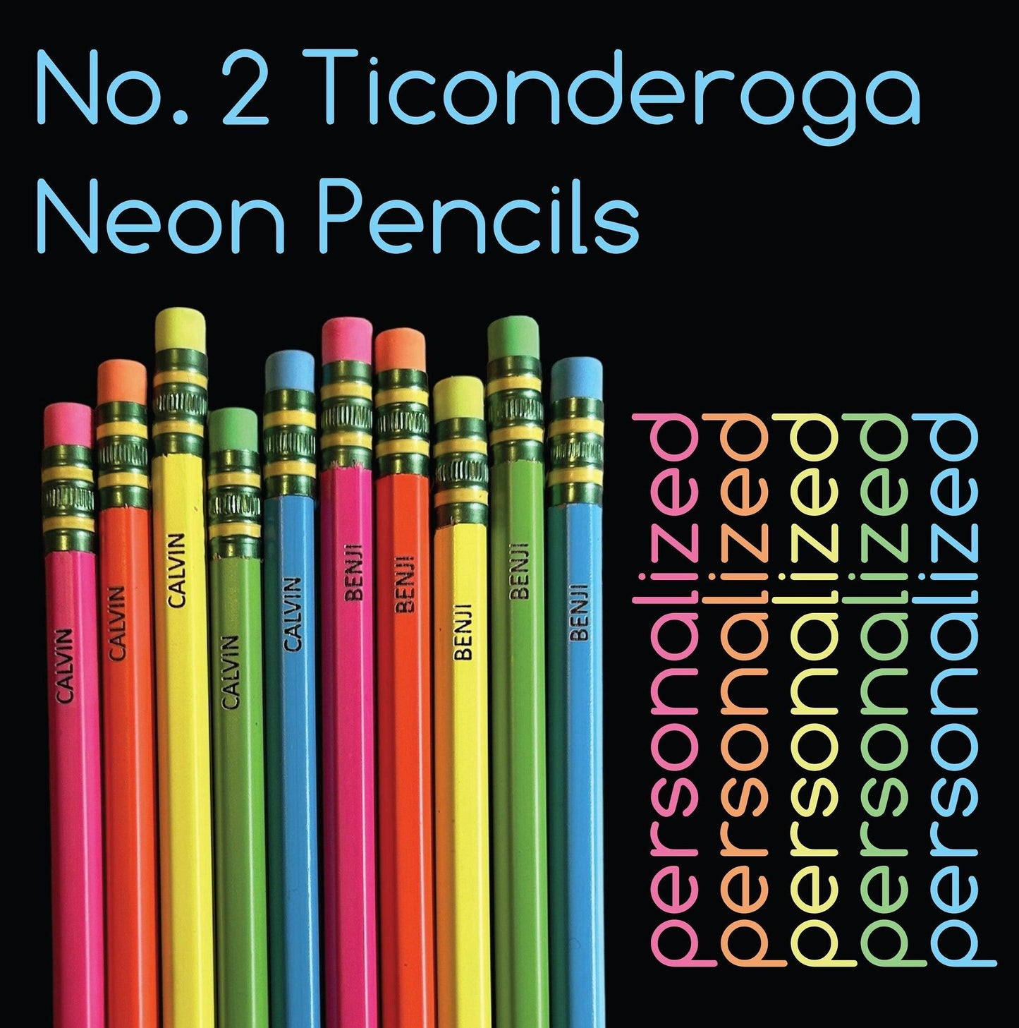 Custom Engraved Neon Ticonderoga Pencils - 5 or 10 Pack | Back to School Student Gift