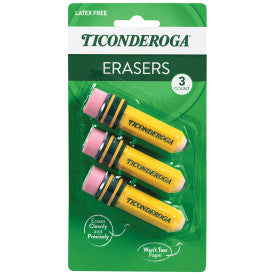 Ticonderoga® Pencil-Shaped Erasers – 3 Count, Smudge-Free, Yellow, PMA Certified