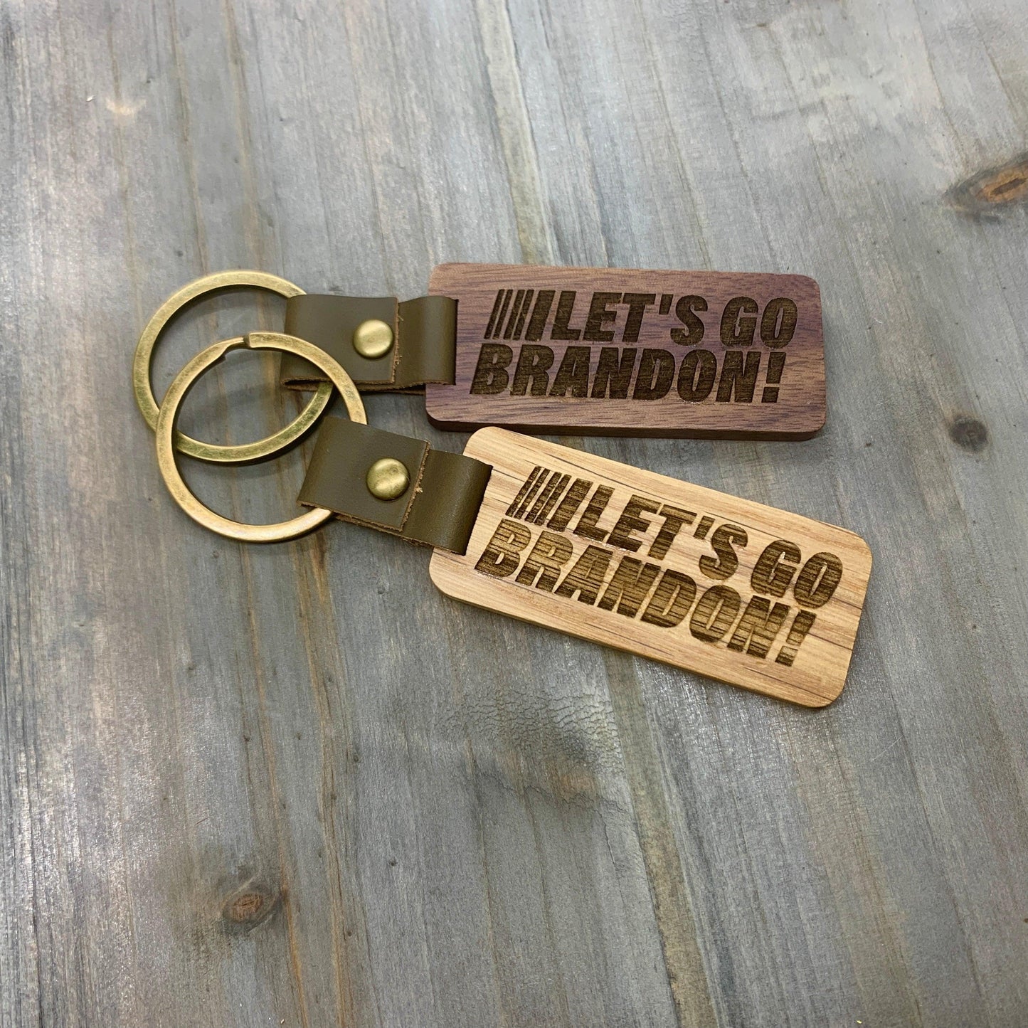 Let's Go Brandon Wood Keychain