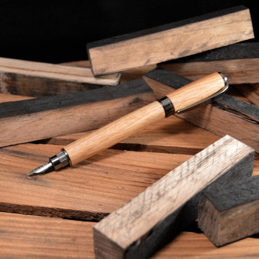 Jack Daniel's - Reclaimed Whiskey Barrel Wood Fountain Pen - Tiger Oak With Gun Metal Plated Fittings - Whidden's Woodshop