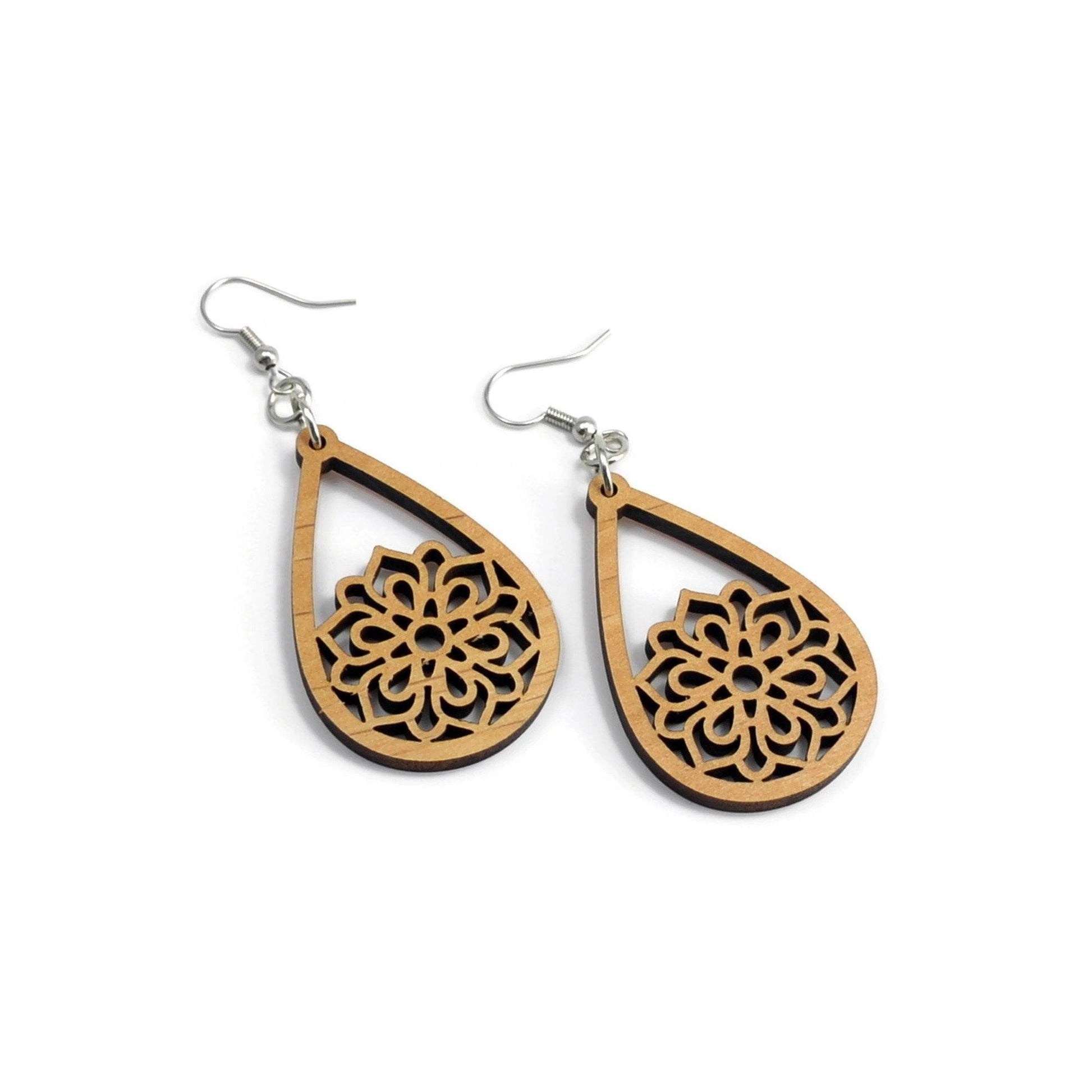 Mandala Wood Earrings, Wooden Earrings, Wood Jewelry, Handmade Wood Jewelry, Dangle Earrings - Whidden's Woodshop