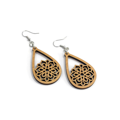 Mandala Wood Earrings, Wooden Earrings, Wood Jewelry, Handmade Wood Jewelry, Dangle Earrings - Whidden's Woodshop