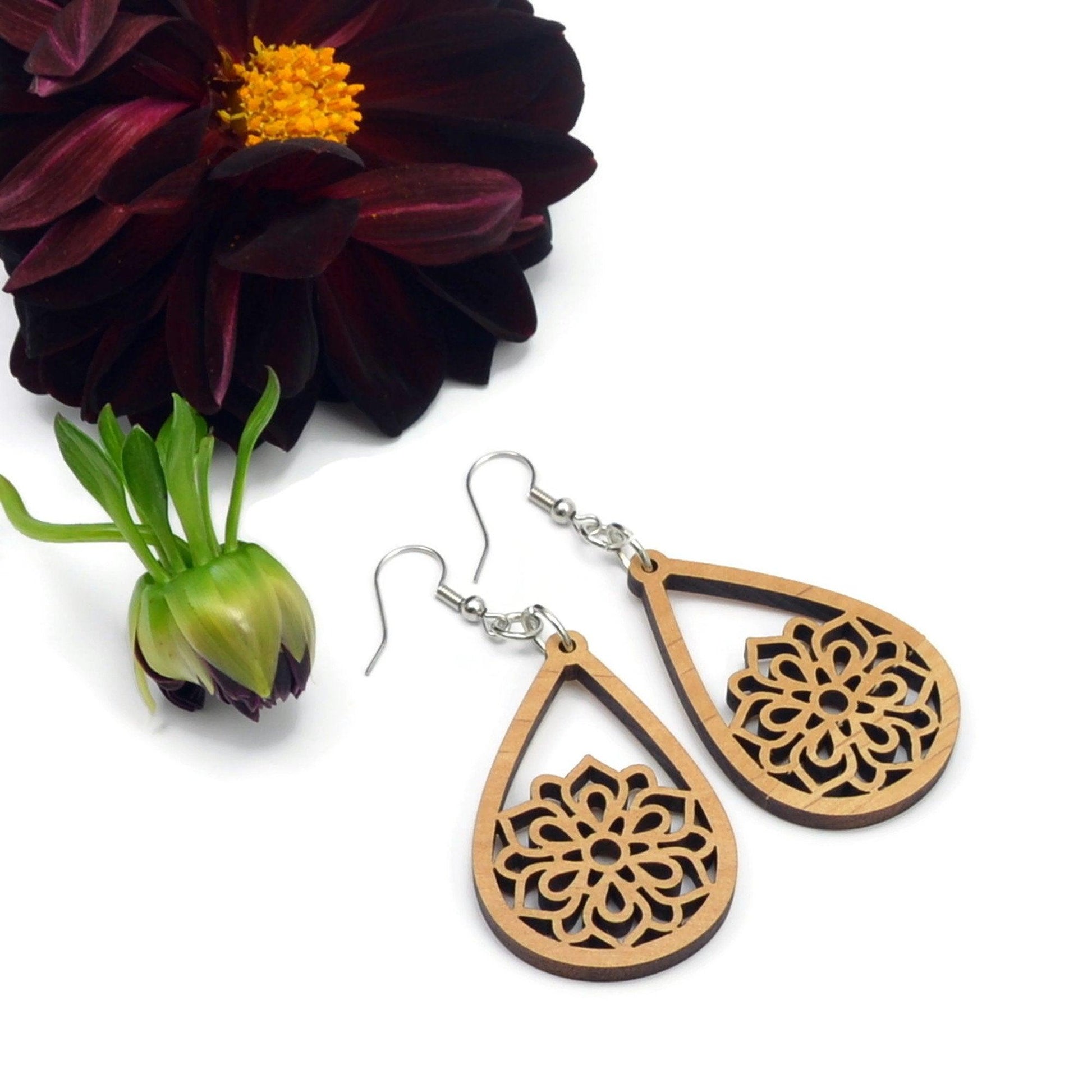 Mandala Wood Earrings, Wooden Earrings, Wood Jewelry, Handmade Wood Jewelry, Dangle Earrings - Whidden's Woodshop