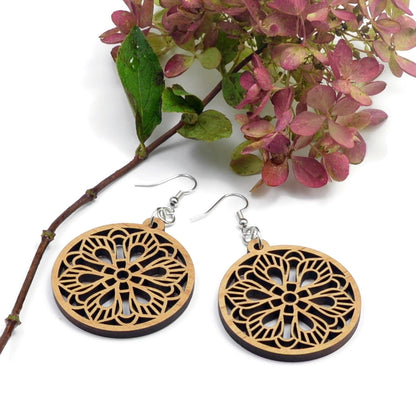 Mandala Wood Earrings, Wooden Earrings, Wood Jewelry, Handmade Wood Jewelry, Dangle Earrings - Whidden's Woodshop