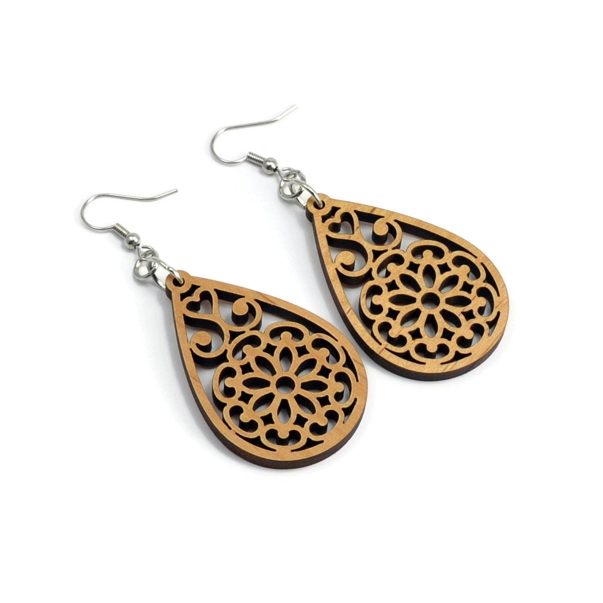 Mandala Inspired Wooden Earrings | Wood Earrings | Dangling Earrings | Wood Mandala Earrings | Mandala Earrings - Whidden's Woodshop