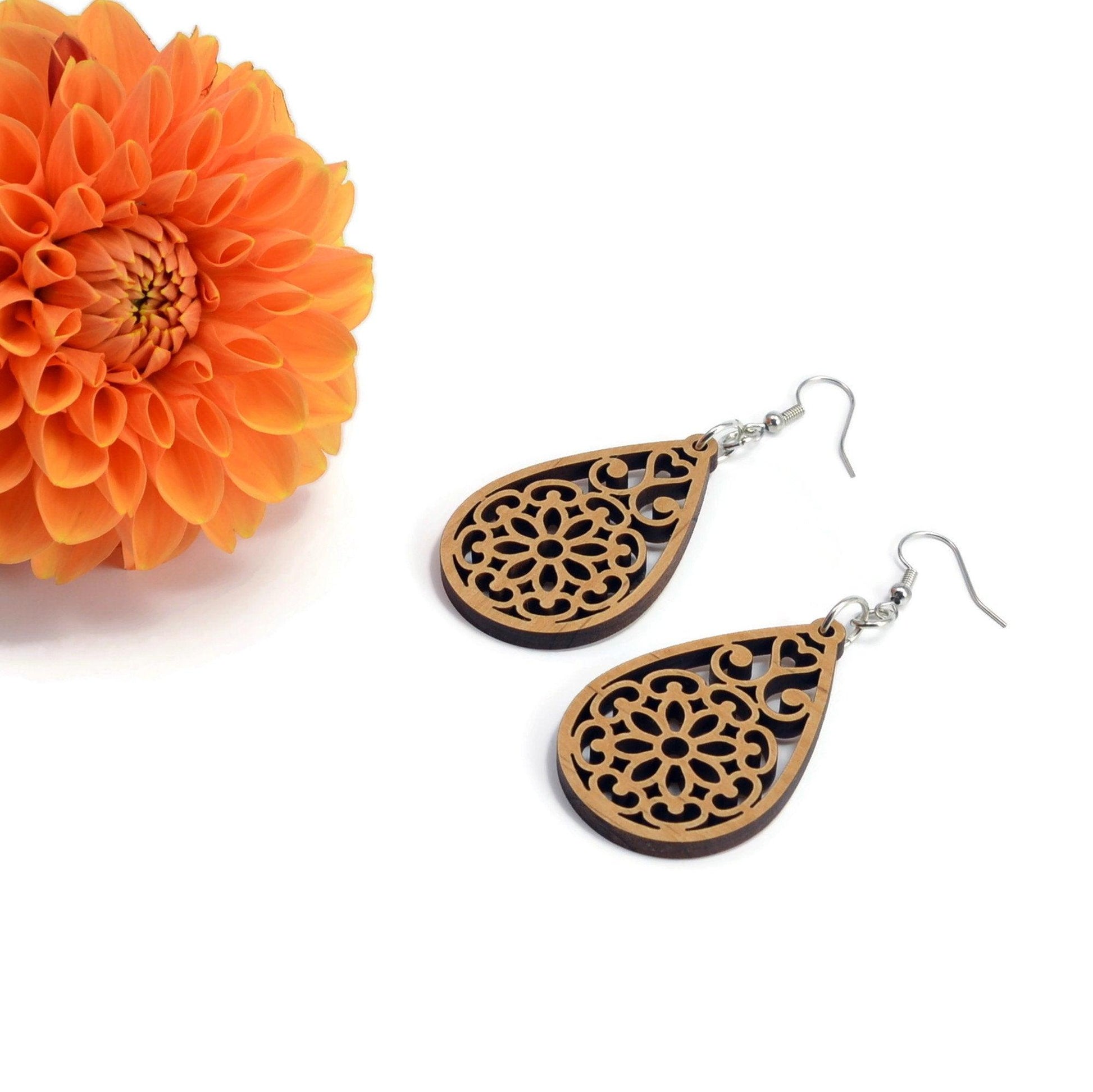 Mandala Inspired Wooden Earrings | Wood Earrings | Dangling Earrings | Wood Mandala Earrings | Mandala Earrings - Whidden's Woodshop