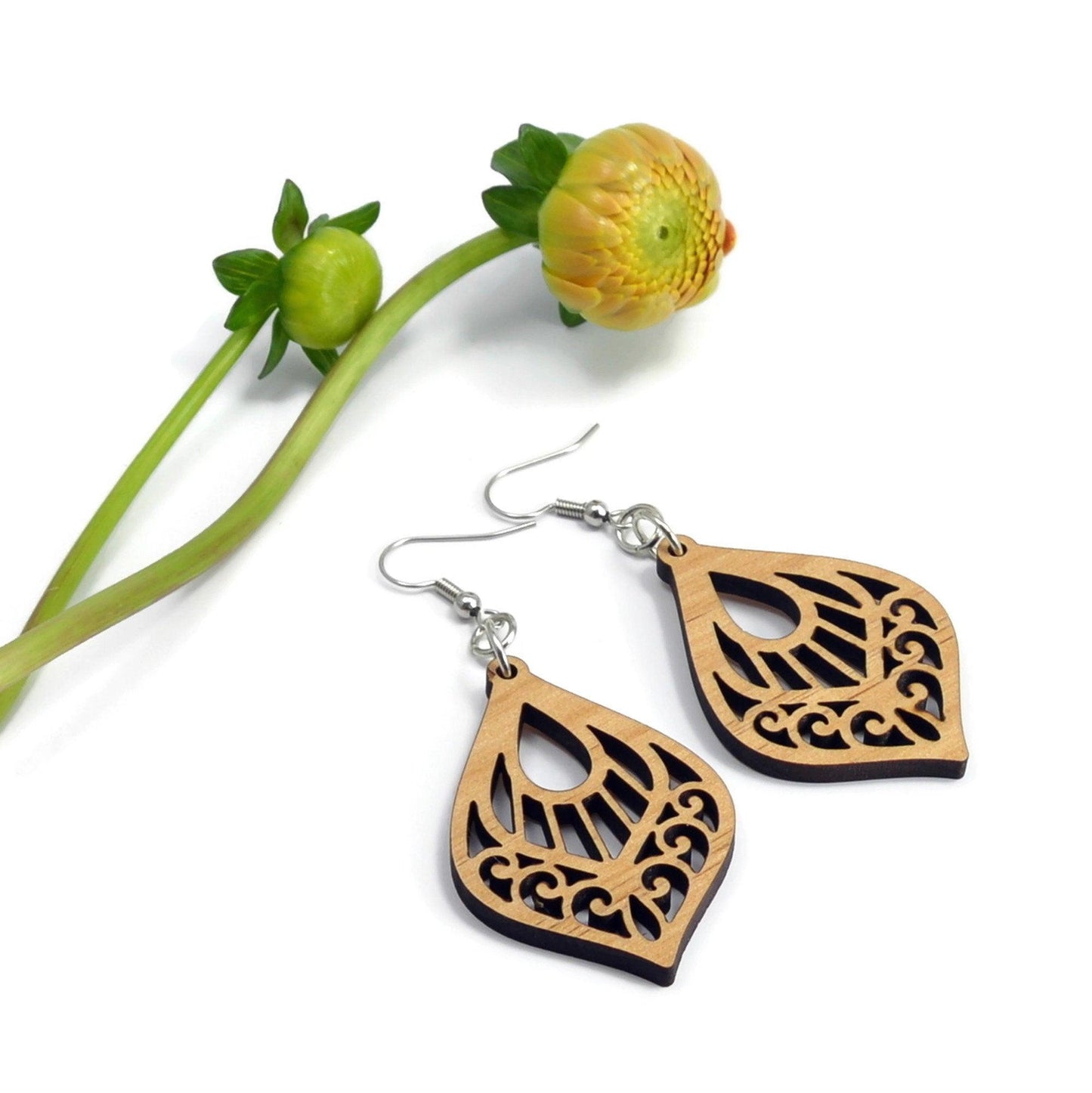 Mandala Wood Earrings, Wooden Earrings, Wood Jewelry, Handmade Wood Jewelry, Dangle Earrings - Whidden's Woodshop
