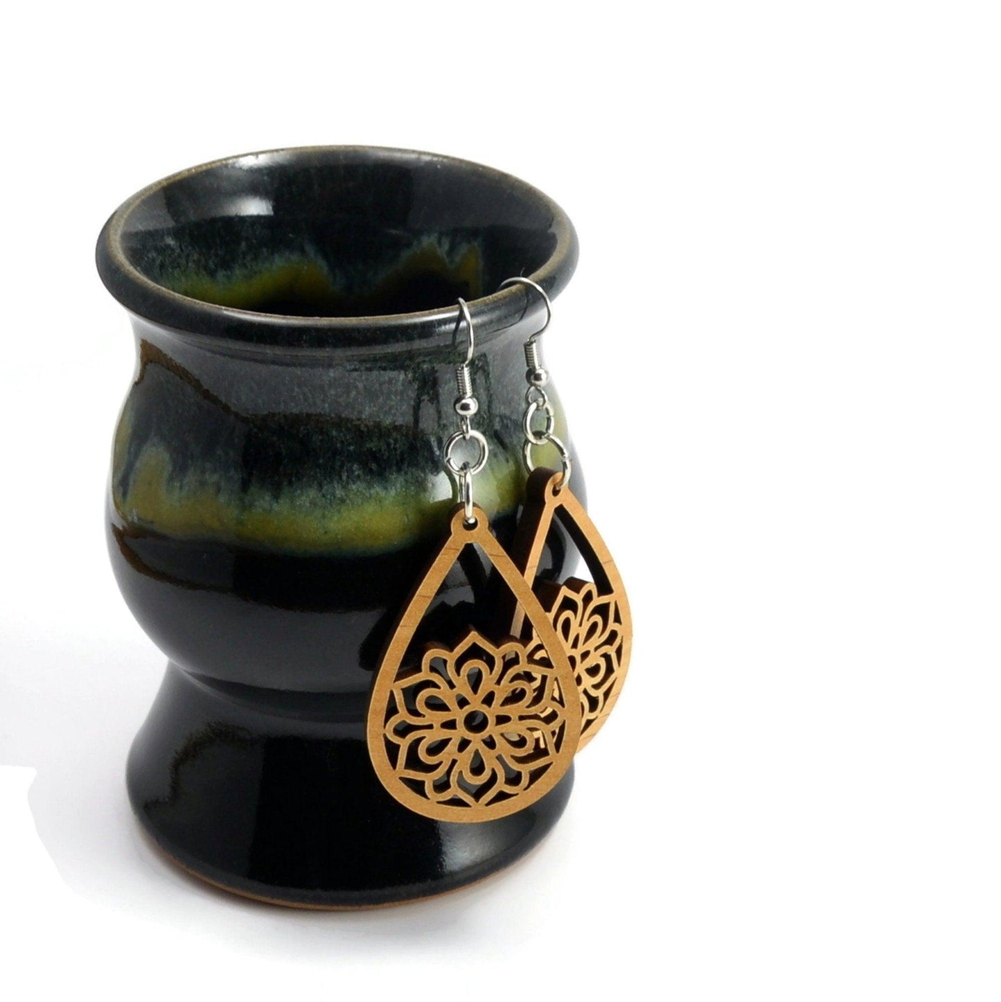Mandala Wood Earrings, Wooden Earrings, Wood Jewelry, Handmade Wood Jewelry, Dangle Earrings - Whidden's Woodshop