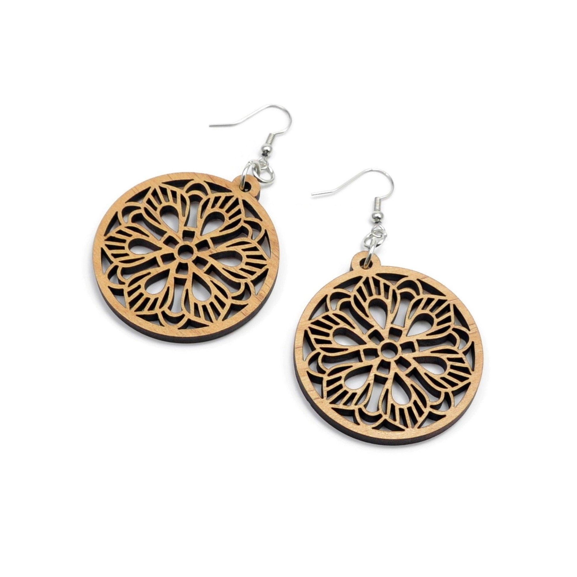 Mandala Wood Earrings, Wooden Earrings, Wood Jewelry, Handmade Wood Jewelry, Dangle Earrings - Whidden's Woodshop