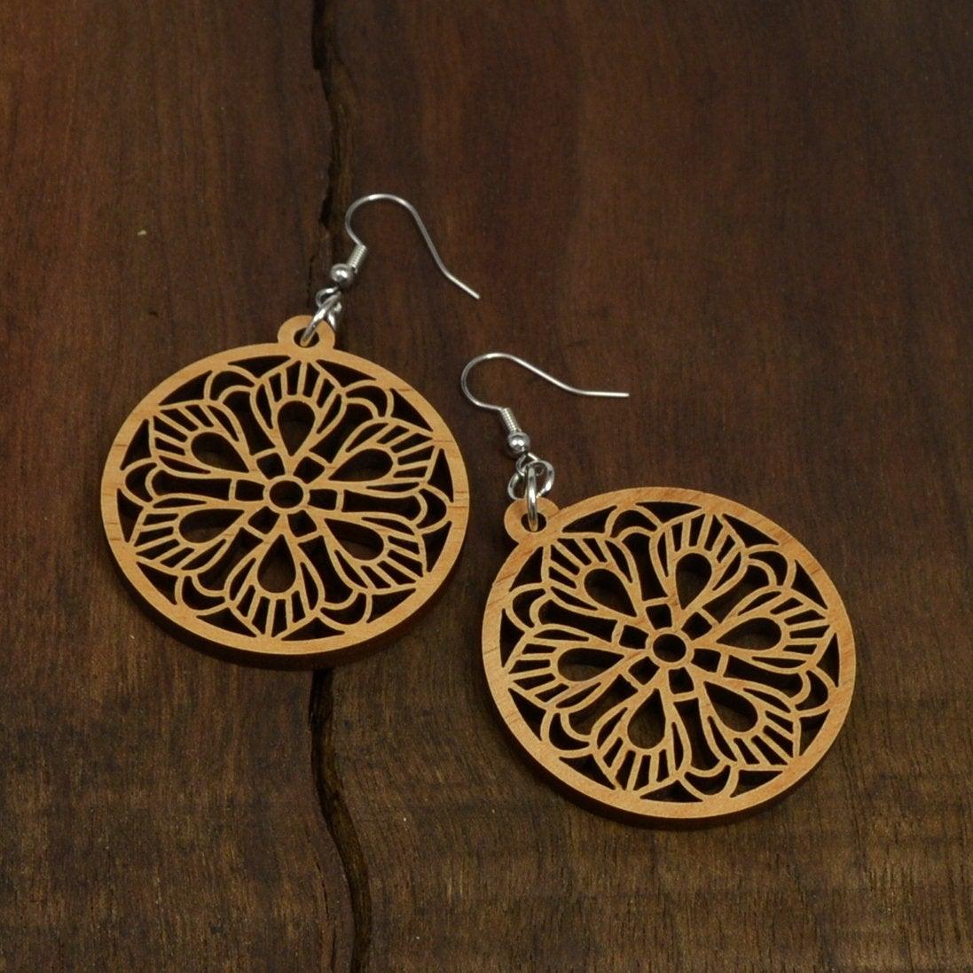 Mandala Wood Earrings, Wooden Earrings, Wood Jewelry, Handmade Wood Jewelry, Dangle Earrings - Whidden's Woodshop