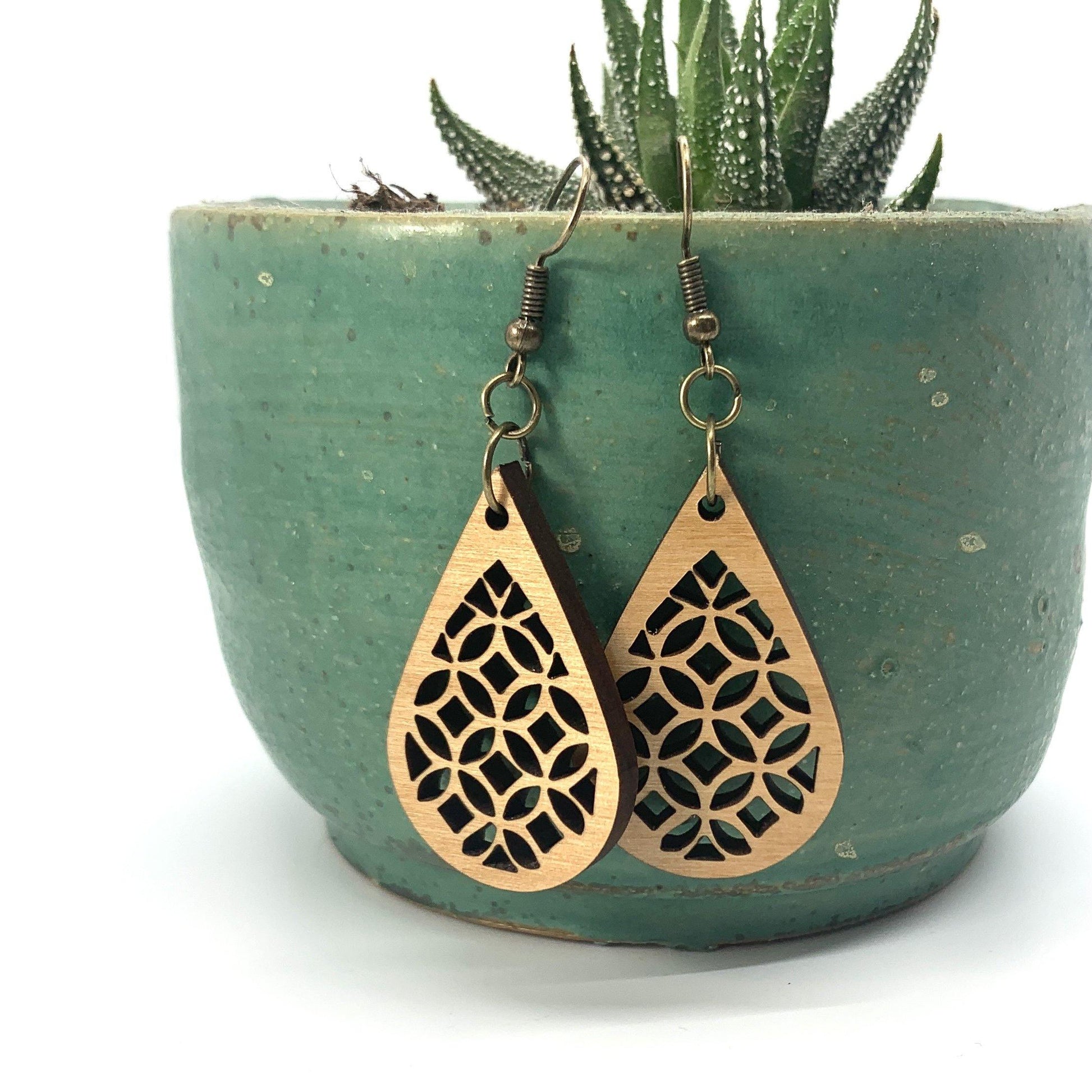 Geometric Wood Earrings, Teardrop Earrings, Wood Jewelry, Handmade Wood Jewelry, Dangle Earrings - Whidden's Woodshop