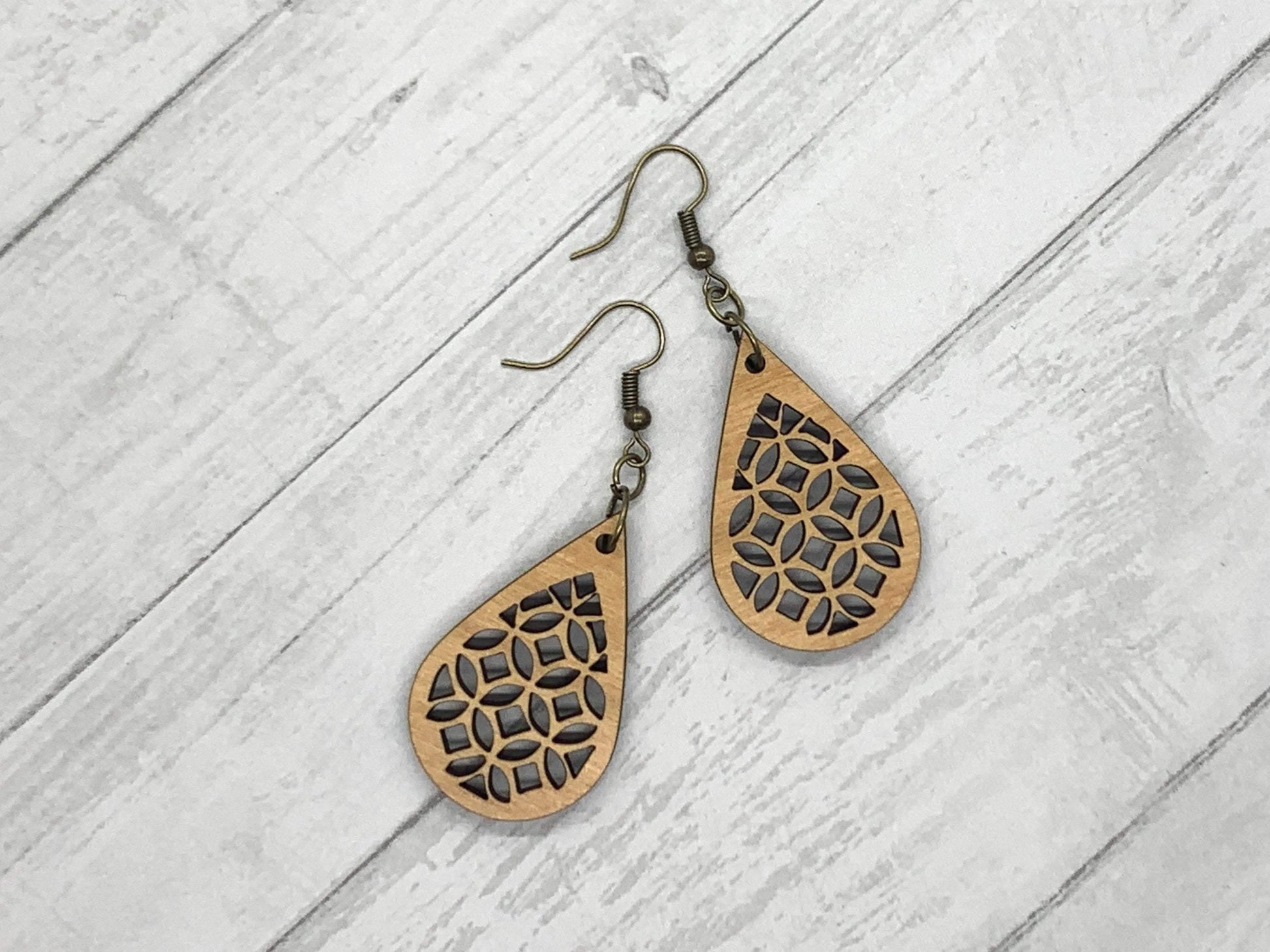 Geometric Wood Earrings, Teardrop Earrings, Wood Jewelry, Handmade Wood Jewelry, Dangle Earrings - Whidden's Woodshop