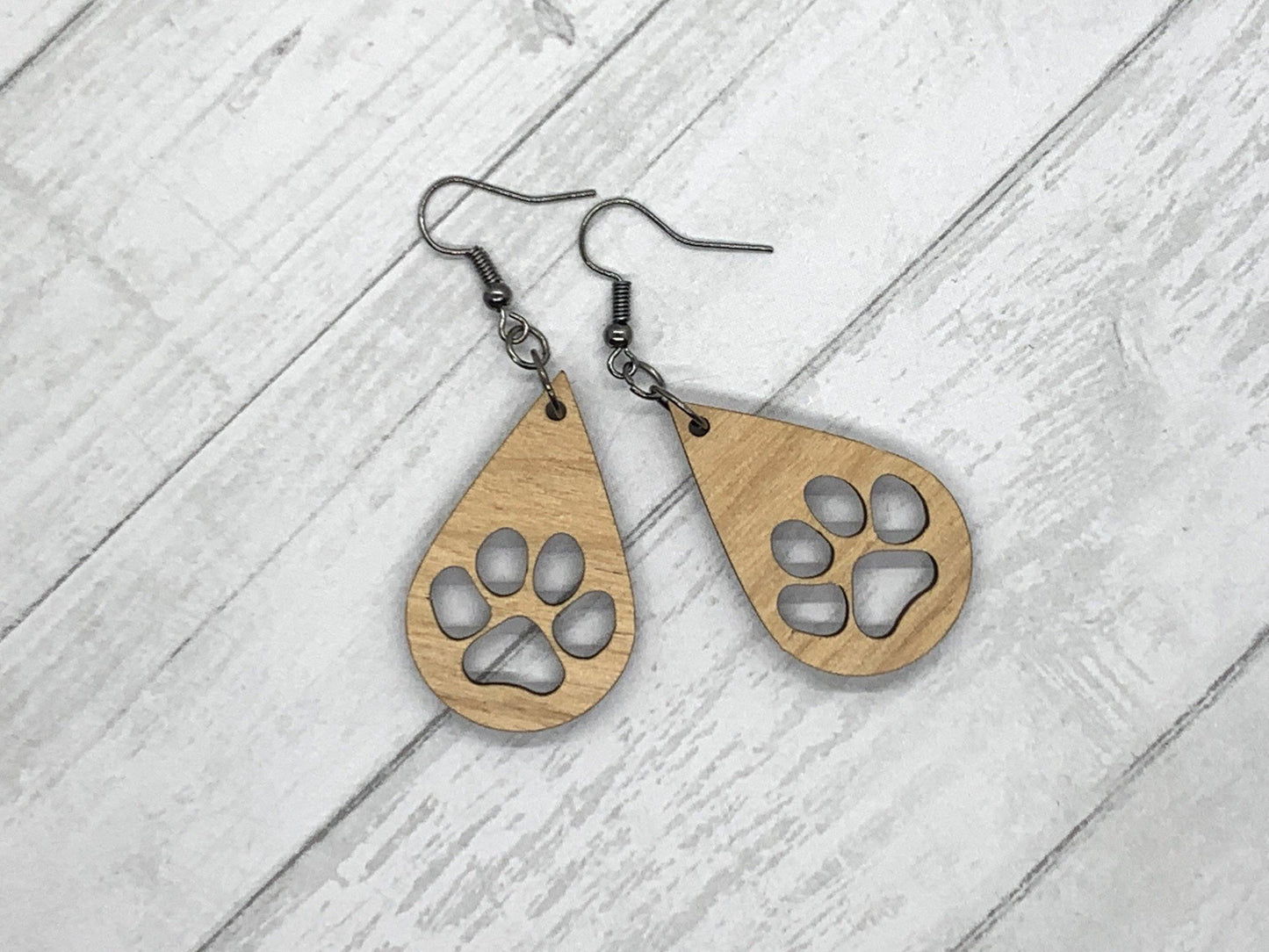 Dog Paw Wood Earrings, Teardrop Earrings, Puppy Prints, Wood Jewelry, Handmade Wood Jewelry, Dangle Earrings - Whidden's Woodshop