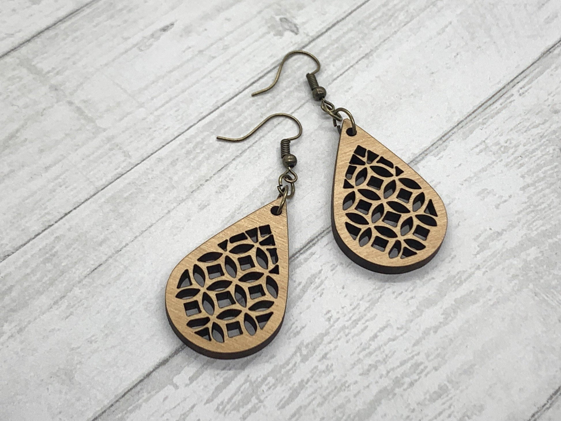 Geometric Wood Earrings, Teardrop Earrings, Wood Jewelry, Handmade Wood Jewelry, Dangle Earrings - Whidden's Woodshop