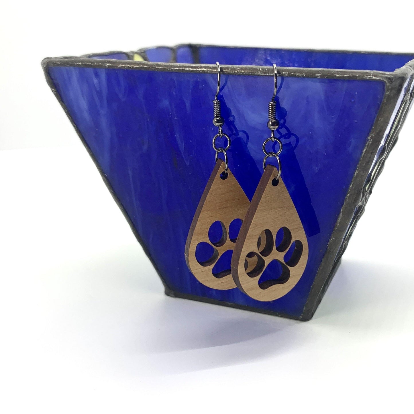 Dog Paw Wood Earrings, Teardrop Earrings, Puppy Prints, Wood Jewelry, Handmade Wood Jewelry, Dangle Earrings - Whidden's Woodshop