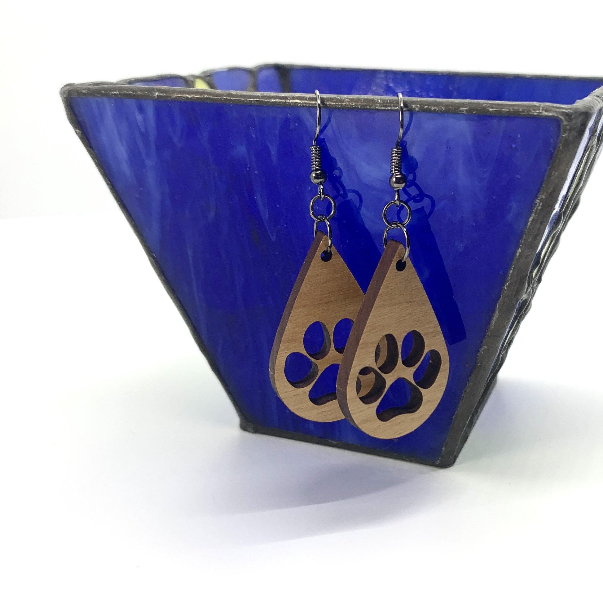 Dog Paw Wood Earrings, Teardrop Earrings, Puppy Prints, Wood Jewelry, Handmade Wood Jewelry, Dangle Earrings - Whidden's Woodshop