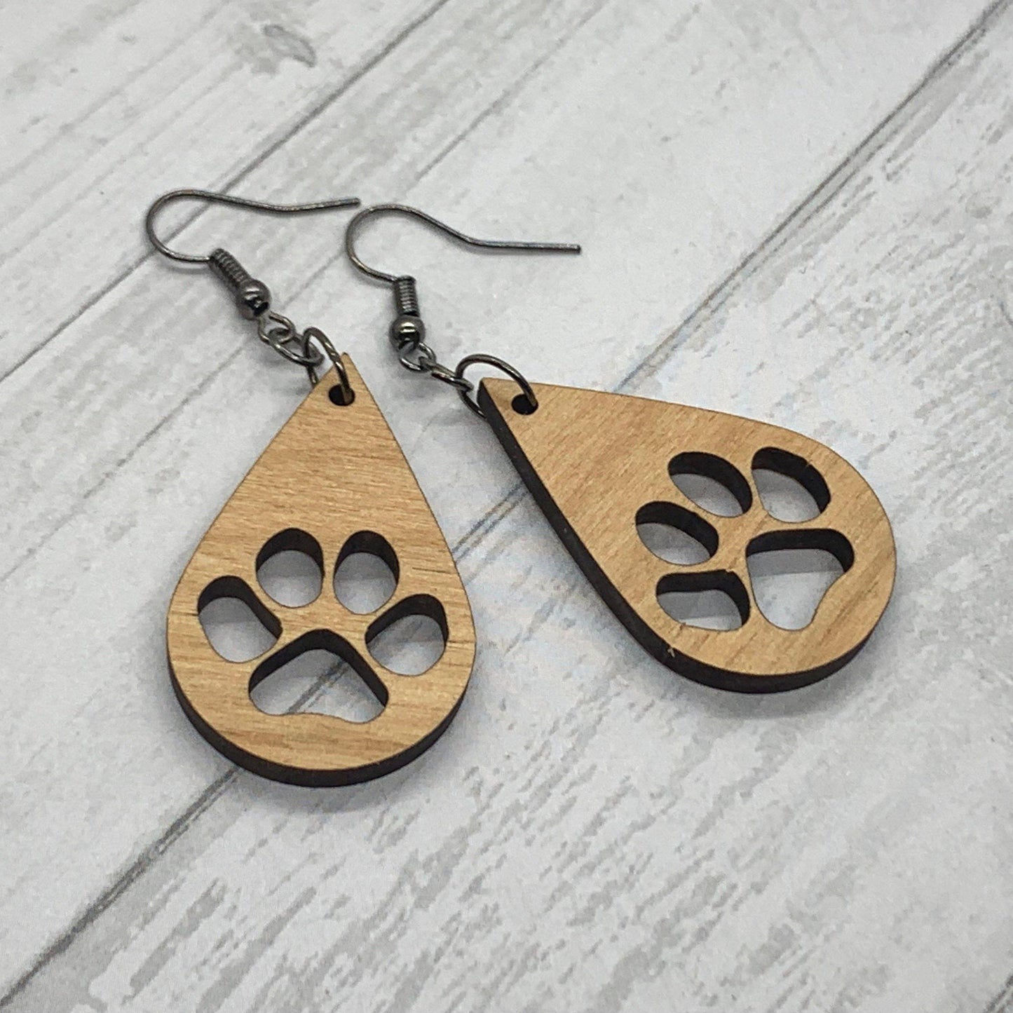 Dog Paw Wood Earrings, Teardrop Earrings, Puppy Prints, Wood Jewelry, Handmade Wood Jewelry, Dangle Earrings - Whidden's Woodshop