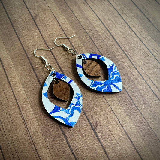 Blue China & Wood Teardrop Earrings