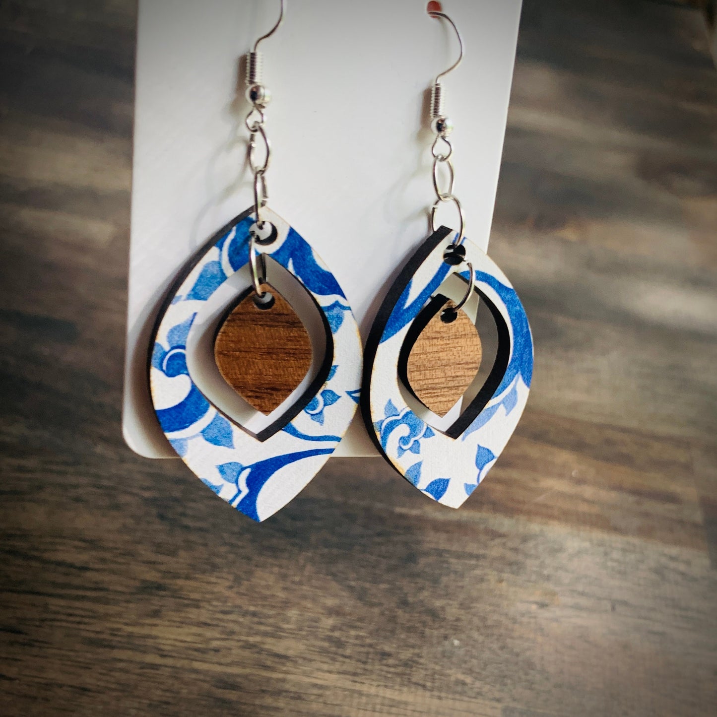 Blue China & Wood Teardrop Earrings