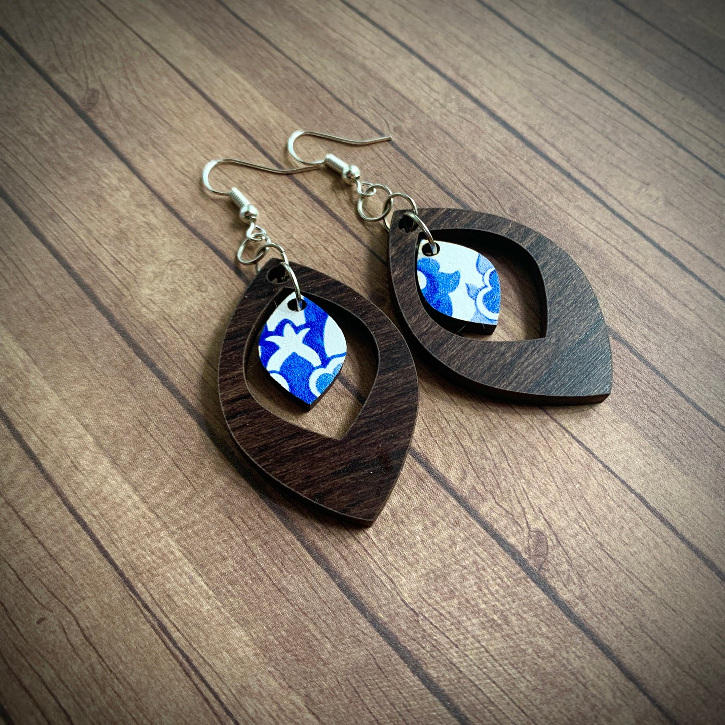 Wood & Blue China Dangle Earrings